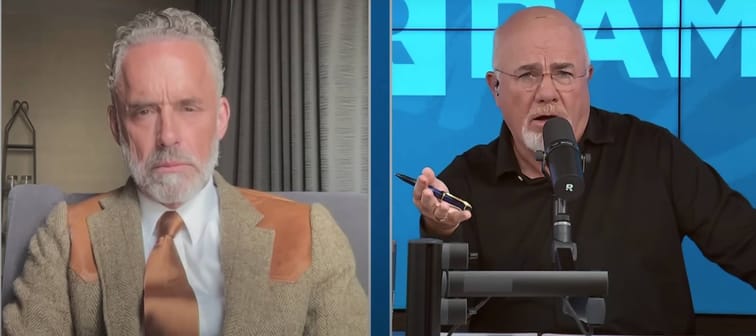 Jordan Peterson and Dave Ramsey seen side by side, talking on set of the Ramsey Show.