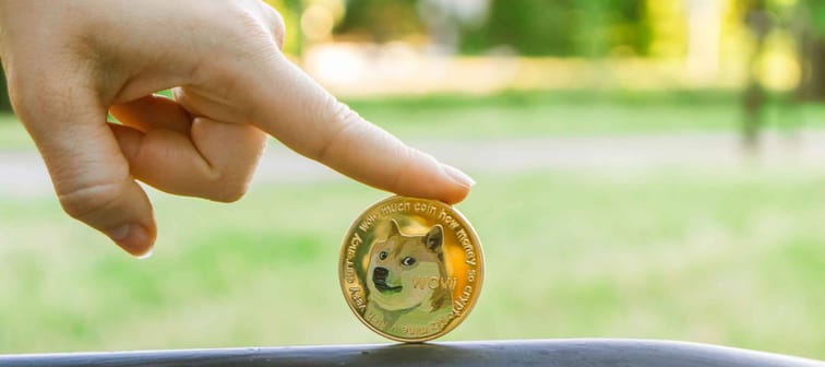 Dogecoin close-up, coin portrait, gold cryptocurrency