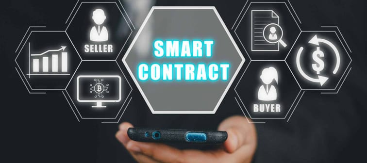 Smart Contract concept, Businees person using smart phone with smart contract icon on virtual screen, Business Information Technology, Digital Agreement.