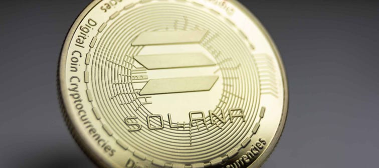 Macro shot of a physical coin from the cryptocurrency Solana