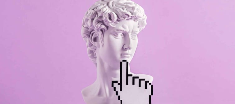Historical antique statue of david's head and mouse cursor with finger. Concept of modern art and vaporwave and cyberpunk