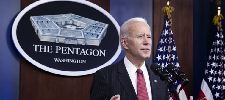 U.S. President Joe Biden speaks at the Pentagon in Arlington, Virginia