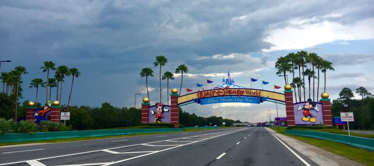 Entrance of Walt Disney World near Orlando, overcast and empty.