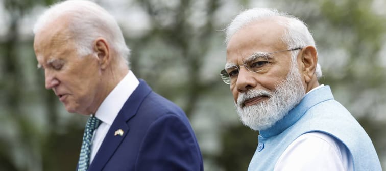 Indian Prime Minister Narendra Modi (R) listens as U.S. President Joe Biden speaks at an arrival ceremony at the White House on June 22, 2023 in Washington, DC.