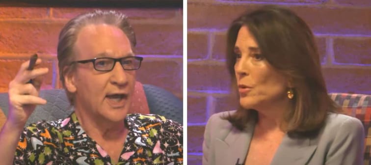 Screenshots of Bill Maher and Marianne Williamson chat during podcast episode.