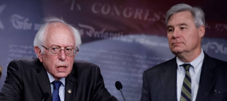 Sens. Bernie Sanders and Sheldon Whitehouse speak at a press conference at the U.S. Capitol Building on March 01, 2023.