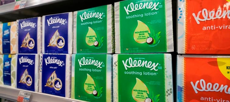 U.S. manufacturer Kimberly-Clark says it is exiting the consumer facial tissue business in Canada this month. Boxes of Kleenex tissues are displayed in a pharmacy, Monday, April 19, 2021 in N