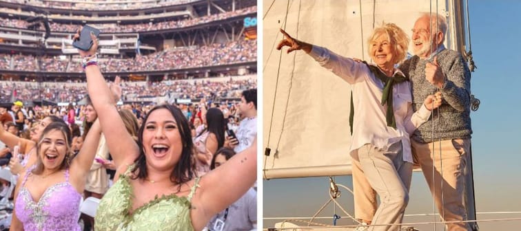 Left: Fans rally before Taylor Swift performs during The Eras Tour at SoFi Stadium on Aug. 7, 2023. Right: Happy retired couple on sailboat