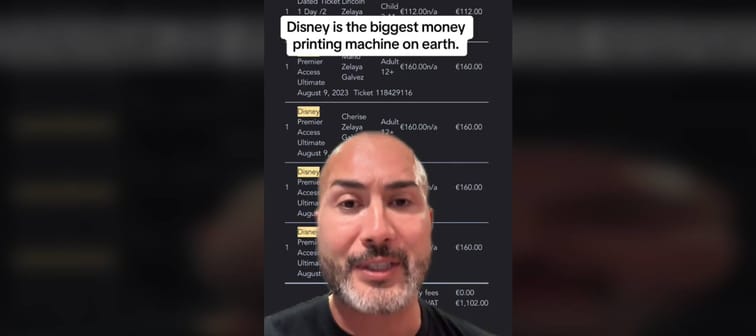 Older man looking directly at camera with text overlay that says Disney is the biggest money printing machine on earth.
