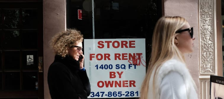 A sign in a window advertises an empty store for rent in the West Village of Manhattan in New York City.