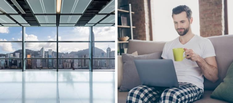 Left: Empty office building Right: man sitting on couch with coffee cup and working on laptop.