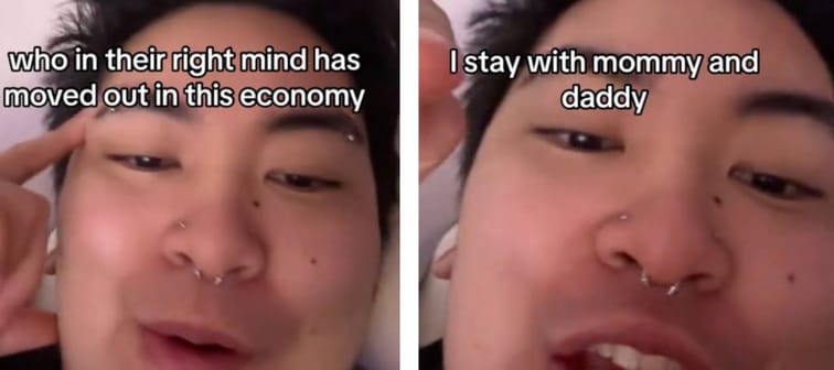 Young person speaking directly to the camera, pointing with their mouth open and text saying I stay with mommy and daddy seen over their face.
