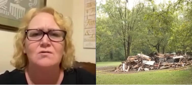 Woman seen talking to camera in home office, next to photo of demolished house.