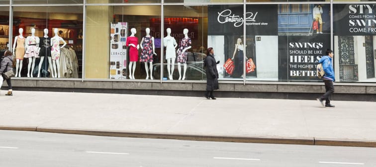 New York, New York, USA -  February 10, 2016: People can be seen walking by the Century 21 discount department store on Broadway near Lincoln Center.