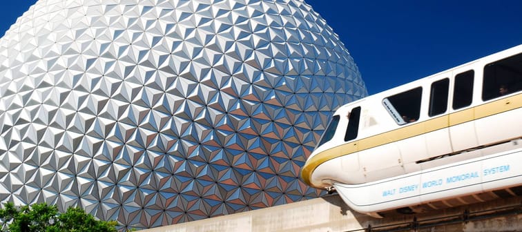 Orlando, FL, USA July 22, 2011 A monorail passes in front of Spaceship Earth at Epcot Center in Walt Disney World in Orlando, Florida