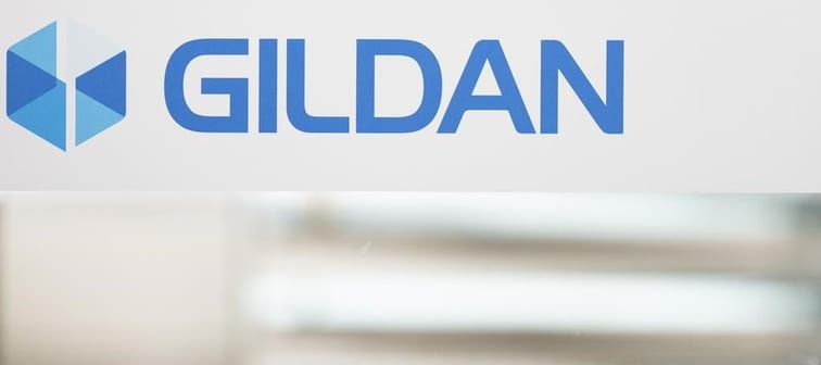 The Gildan logo is seen outside their offices in Montreal, Monday, Dec. 11, 2023. 
