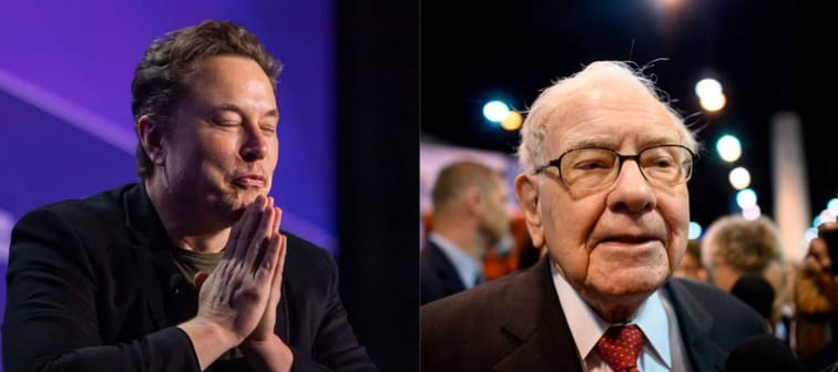 Elon Musk with hands raised in prayer and Warren Buffett listening to reporters with a microphone.