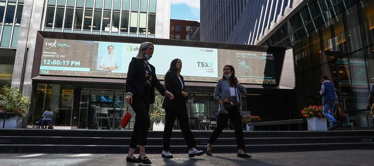 A signboard displays the TSX level in the financial district in Toronto on Wednesday, Sept. 29, 2021. 