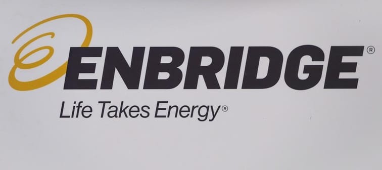The Enbridge logo is shown at the company's annual meeting in Calgary on May 9, 2018. 