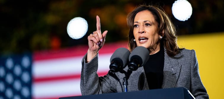 Democratic presidential nominee, U.S. Vice President Kamala Harris speaks during a campaign rally on October 28 in Ann Arbor, Michigan.