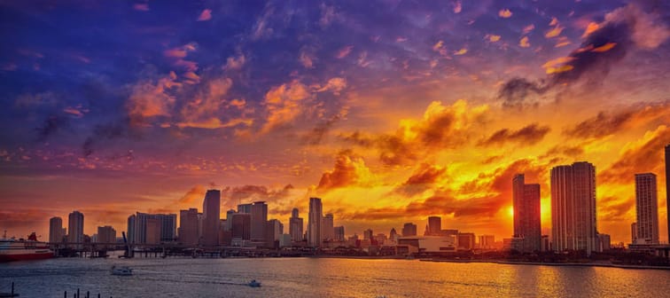 Miami downtown skyline sunset in Florida USA.