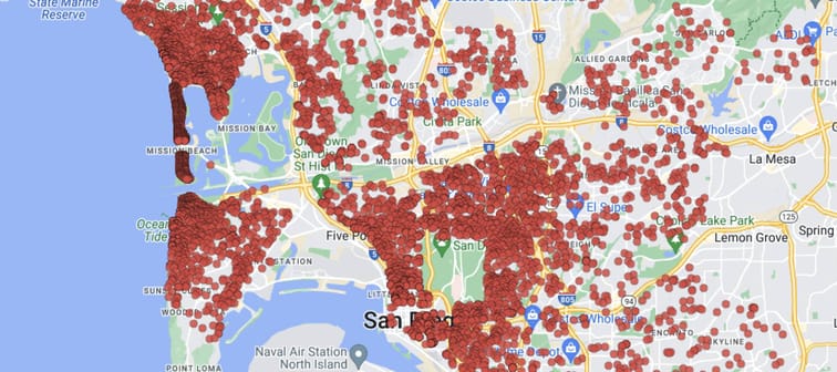 A map showing licensed short-term rentals in San Diego.