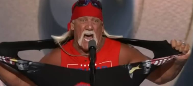 Hulk Hogan seen tearing off his shirt.