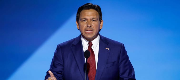 Florida Gov. Ron DeSantis speaks on stage on the second day of the Republican National Convention at the Fiserv Forum on July 16, 2024 in Milwaukee, Wisconsin.