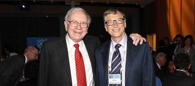 Warren Buffett (L) and Bill Gates attend the Forbes' 2015 Philanthropy Summit Awards Dinner on June 3, 2015 in New York City