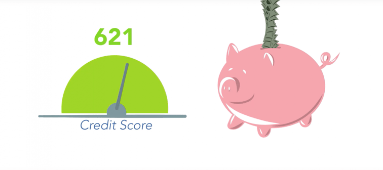 A credit score increasing while money goes into a piggy bank