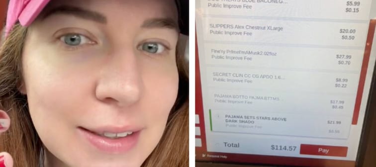 Close up of woman looking shocked and a screenshot of her cashing out at Target self-checkout.