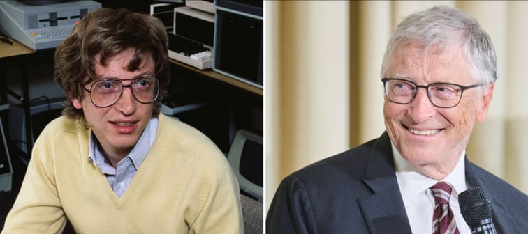 Left: Bill Gates in the early days of Microsoft. Right: Bill Gates speaks at an event in 2024.