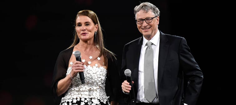 Melinda Gates and Bill Gates speak on stage during The Robin Hood Foundation's 2018 benefit at Jacob Javitz Center on May 14, 2018 in New York City.