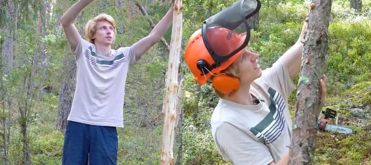 Two images side by side of young man working in wooded area, cutting down trees.