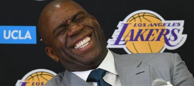 Los Angeles Lakers president Magic Johnson shares a laugh with the media during a press conference at the team's training facility in Los Angeles, June 23, 2017.