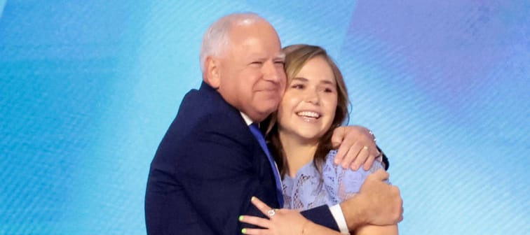 Democratic vice presidential nominee Minnesota Gov. Tim Walz celebrates his nomination with his daughter Hope Walz on August 21, 2024.