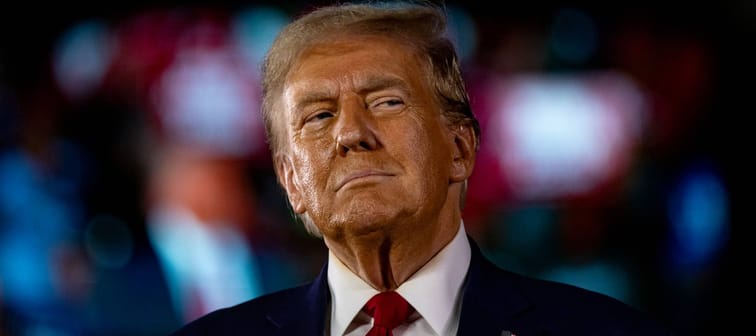 Donald Trump listens to questions during a town hall event at Macomb Community College  in Warren, Michigan, Sept. 27, 2024.