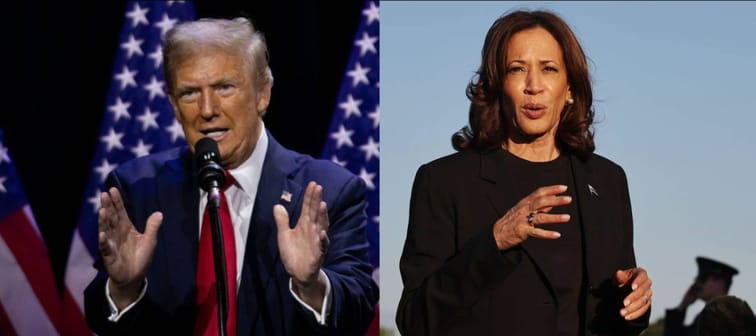 Images of Donald Trump and Kamala Harris speaking in front of podiums, seen side-by-side.