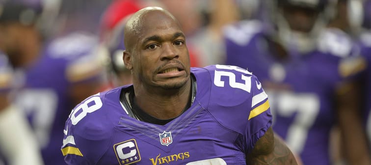 Minnesota Vikings running back Adrian Peterson prior to an NFL game against the Indianapolis Colts at U.S. Bank Stadium in Minneapolis, Minnesota, Dec. 18, 2016.