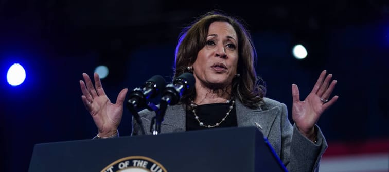 Democratic presidential nominee, Vice President Kamala Harris, speaks at a campaign rally encouraging early voting on October 19, 2024 in Atlanta, Georgia.