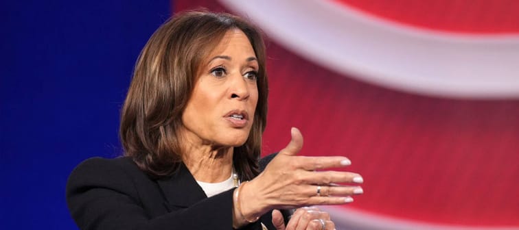 Democratic presidential nominee, U.S. Vice President Kamala Harris speaks during a CNN Presidential Town Hall at Sun Center Studios on October 23, 2024 in Aston, Pennsylvania