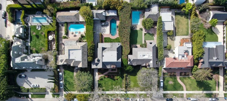 Aerial top view of wealthy area with big houses and small street in Central Los Angeles , California. USA