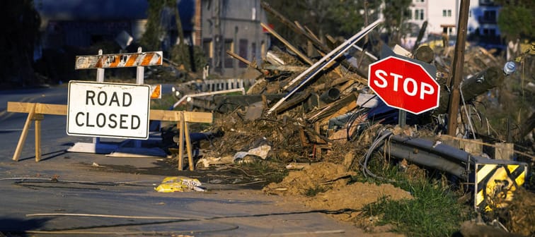 Debris covers a closed street in Asheville, North Carolina, as clean-up efforts continue after Hurricane Helene, Oct. 20. 2024.