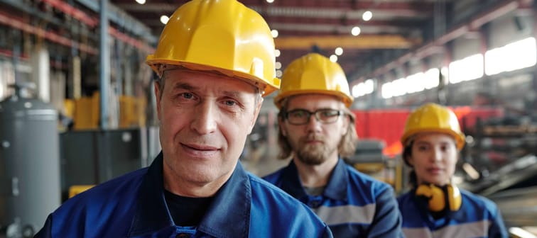 male worker of large industrial plant or factory or foreman in workwear and protective helmet standing against two colleagues