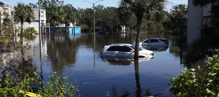 Cars are flooded in an apartment complex after the arrival of Hurricane Milton on October 10, 2024 in Clearwater, Florida.