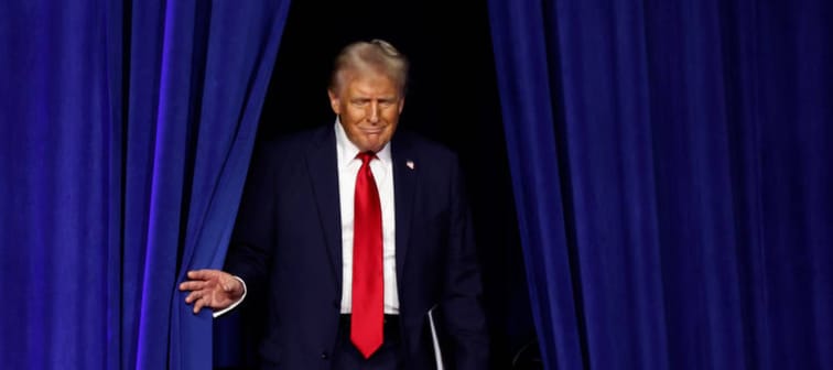 Republican presidential nominee, former U.S. President Donald Trump arrives to speak during an election night event at the Palm Beach Convention Center.