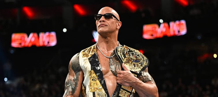 Dwayne "The Rock" Johnson stands in ring at the Wells Fargo Center in Philadelphia, Pennsylvania, April 8, 2024.