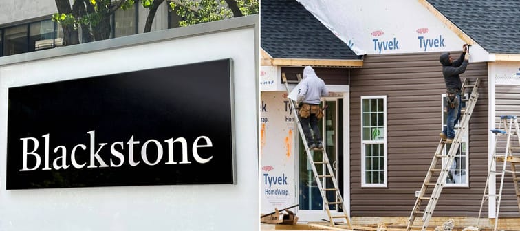 Left: Blackstone sign Right: construction crew building a home