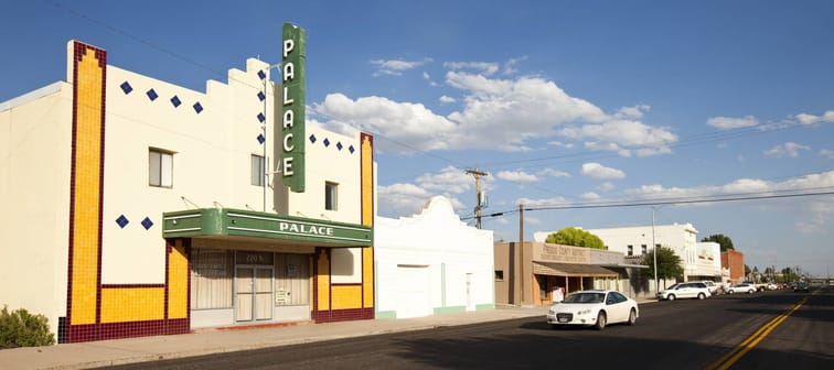 An abandoned theater called The Palace on a street in Marfa, Texas.