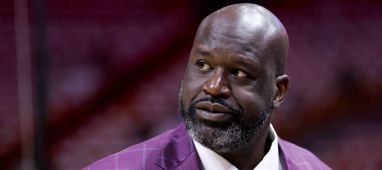 Shaquille O'Neal prior to a game between the Boston Celtics and Miami Heat in Miami, Florida, May 21, 2023.